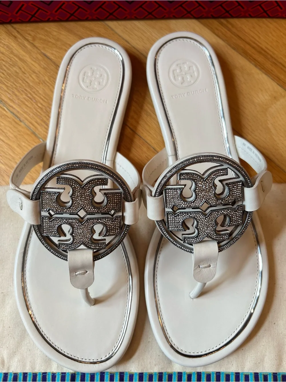 Tory Burch Ivory & Silver Metal Crystal Embellished Miller Sandals